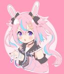  1girl animal_ears bandaid bandaid_on_hand bangs black_bow black_choker black_sailor_collar blue_hair blue_nails blush_stickers bow bunny-shaped_pupils choker commentary_request crescent cropped_torso ear_bow hair_between_eyes hair_flaps hair_ornament hairclip highres indie_virtual_youtuber long_hair long_sleeves looking_at_viewer meito_(maze) mitsuki_shio multicolored_hair nail_art open_mouth outline pink_background pink_hair pink_shirt pink_sleeves puffy_long_sleeves puffy_sleeves rabbit_ears rabbit_hair_ornament sailor_collar shirt sleeveless sleeveless_shirt sleeves_past_wrists solo streaked_hair symbol-shaped_pupils two-tone_hair upper_body v-shaped_eyebrows very_long_hair violet_eyes white_outline x_hair_ornament 