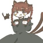  1girl :d animal_ears black_bow bow braid cat cat_ears dress fang green_dress juliet_sleeves kaenbyou_rin long_sleeves nekomata paw_pose puffy_sleeves red_eyes redhead salt_shol smile solo touhou twin_braids 