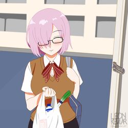  1girl bag condom_box fate/grand_order fate_(series) glasses highres homurahara_academy_school_uniform leonkevlar mash_kyrielight plastic_bag pocari_sweat pov_doorway purple_hair school_bag school_uniform self_upload short_hair smile spring_onion 