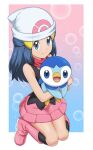  1girl beanie black_hair black_shirt black_socks blue_eyes boots border bubble closed_mouth commentary_request eyelashes gradient gradient_background hair_ornament hairclip hat highres hikari_(pokemon) holding holding_pokemon ia_(ilwmael9) kneehighs long_hair pink_footwear pink_skirt piplup poke_ball_print pokemon pokemon_(creature) pokemon_(game) pokemon_dppt red_scarf scarf shirt skirt sleeveless sleeveless_shirt smile socks split_mouth white_border white_headwear 
