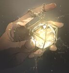  1other ambiguous_gender ball chain close-up demizu_posuka glass glowing gold grey_background hand_focus holding holding_ball light_particles original out_of_frame solo yellow_theme 