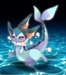  :3 animal_focus blue_background blue_theme blush bubble caustics closed_mouth commentary_request gradient gradient_background grey_eyes half-closed_eyes happy looking_at_viewer no_humans outline pokemon pokemon_(creature) shira_(sirairo116) smile solo underwater vaporeon 