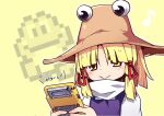  1girl absurdres bangs blonde_hair blunt_bangs brown_headwear closed_mouth frog game_boy handheld_game_console highres kanisawa_yuuki moriya_suwako musical_note outline pixel_art playing_games short_hair sidelocks simple_background smile solo touhou turtleneck upper_body white_outline yellow_background yellow_eyes 