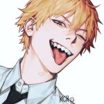  1boy bangs black_necktie blonde_hair brown_eyes chainsaw_man collared_shirt denji_(chainsaw_man) highres koro_dou looking_at_viewer necktie one-eyed open_mouth sharp_teeth shirt short_hair simple_background solo teeth tongue tongue_out white_background white_shirt 