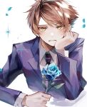  1boy absurdres bangs black_necktie blazer blue_flower blue_rose brown_hair collared_shirt crossed_arms diffraction_spikes falling_petals flower hand_on_own_face highres hitachiin_hikaru holding holding_flower jacket light_blush long_sleeves looking_at_viewer male_focus necktie ouran_high_school_host_club ouran_high_school_uniform parted_lips petals purple_jacket purple_necktie rose school_uniform shirt short_hair simple_background solo sweatdrop swept_bangs two-tone_necktie u-sama_(u_summer0719) upper_body white_background white_shirt yellow_eyes 