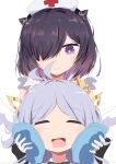  2girls azur_lane closed_eyes cone_hair_bun cross gloves grey_hair hair_bun hair_over_one_eye hat jervis_(azur_lane) jupiter_(azur_lane) medium_hair multiple_girls nurse_cap open_mouth purple_hair red_cross simple_background toro_yurei violet_eyes white_background white_gloves white_headwear 