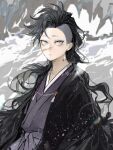  1boy ;p bangs black_hair closed_mouth dated earrings grey_background haori highres japanese_clothes jewelry kimetsu_no_yaiba kimono light_particles looking_at_viewer male_focus odd7qjxrjtueldt one_eye_closed scar scar_on_cheek scar_on_face scar_on_nose shinazugawa_genya sidecut solo tassel tassel_earrings tongue tongue_out upper_body 