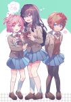  3girls aicedrop alternate_legwear arms_behind_back black_pantyhose blue_eyes blue_skirt blush book brown_footwear commentary_request doki_doki_literature_club full_body grey_jacket heart heart-shaped_pupils holding holding_book jacket kneehighs long_hair looking_at_viewer mary_janes multiple_girls natsuki_(doki_doki_literature_club) neck_ribbon open_clothes open_jacket outline pantyhose pink_eyes pink_hair pleated_skirt purple_hair red_ribbon ribbon sayori_(doki_doki_literature_club) school_uniform shirt shoes short_hair signature simple_background single_empty_eye skirt smile socks spoken_heart standing symbol-shaped_pupils two_side_up violet_eyes white_outline white_shirt white_socks yuri_(doki_doki_literature_club) 