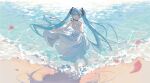 1girl :d barefoot beach black_ribbon blue_eyes blue_hair chinese_commentary commentary_request cosmwalker dress falling_petals floating_hair full_body hair_between_eyes hair_ornament hand_on_own_chest hatsune_miku highres long_hair looking_at_viewer neck_ribbon ocean open_mouth petals ribbon sand smile solo spaghetti_strap twintails very_long_hair vocaloid water waves white_dress 