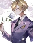  1boy absurdres bangs black_necktie blazer blonde_hair collared_shirt crest diffraction_spikes falling_petals flower from_side highres holding holding_flower jacket leaf light_blush long_sleeves male_focus necktie ouran_high_school_host_club ouran_high_school_uniform petals purple_jacket purple_necktie rose school_uniform shirt short_hair simple_background solo suou_tamaki two-tone_necktie u-sama_(u_summer0719) upper_body violet_eyes white_background white_flower white_rose white_shirt 