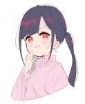  1girl :d bangs black_hair blush cropped_torso fang hand_up highres jacket long_hair long_sleeves looking_at_viewer meito_(maze) original pink_jacket red_eyes simple_background smile solo turtleneck twintails upper_body v-shaped_eyebrows white_background 