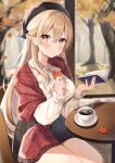  1girl absurdres autumn autumn_leaves bangs blonde_hair blurry blurry_background blush book closed_mouth crossed_bangs cup fringe_trim highres holding long_hair long_sleeves looking_at_viewer okiq open_book original outdoors saucer smile solo steam table teacup thighs tree yellow_eyes 