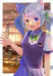  1girl :d animal_ear_fluff animal_ears bell black_shirt blue_choker blue_eyes blurry blurry_background bow chair choker collared_shirt commentary_request commission depth_of_field desk green_bow green_eyes green_ribbon grey_hair grey_skirt hair_ribbon heterochromia indoors jingle_bell kou_hiyoyo original pleated_skirt ribbon school_chair school_desk shirt short_sleeves skeb_commission skirt smile solo sunset twintails white_shirt window 