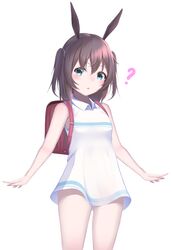  1girl ? aged_down amiya_(arknights) animal_ears aqua_eyes arknights bag bare_arms bare_legs bare_shoulders breasts brown_hair collared_shirt commentary dot_nose female_child forehead highres kindergarten_bag koko_sokodoko legs_apart long_shirt looking_at_viewer medium_hair open_mouth rabbit_ears rabbit_girl shirt sidelocks simple_background sleeveless small_breasts solo two_side_up white_background 