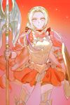  1girl armor axe breastplate breasts cape closed_mouth edelgard_von_hresvelg fire_emblem fire_emblem:_three_houses fire_emblem_warriors:_three_hopes gapamopa gloves hair_ornament hair_ribbon highres long_hair looking_at_viewer official_alternate_costume official_alternate_hairstyle red_cape ribbon simple_background skirt smile solo violet_eyes white_hair 