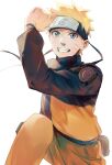  1boy arm_up blonde_hair blue_eyes cardigan elesakejjp fang grin headband long_sleeves looking_at_viewer male_focus naruto_(series) naruto_shippuuden orange_pants pants short_hair simple_background smile solo uzumaki_naruto white_background 