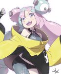 1girl bow-shaped_hair character_hair_ornament hair_ornament hexagon_print highres iono_(pokemon) jacket long_hair low-tied_long_hair omeyokan oversized_clothes pokemon pokemon_(game) pokemon_sv sharp_teeth shirt sleeveless sleeveless_shirt sleeves_past_fingers sleeves_past_wrists solo teeth twintails very_long_sleeves x yellow_jacket