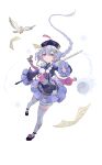  1girl absurdres bangs blue_hair braid braided_ponytail closed_mouth full_body genshin_impact highres holding holding_sword holding_weapon jiangshi long_hair long_sleeves looking_at_viewer ofuda qiqi_(genshin_impact) simple_background sword thigh-highs violet_eyes weapon white_background white_thighhighs yin_yang younajiangaaa 
