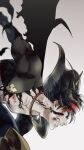  1boy ahoge asta_(black_clover) black_capelet black_clover black_hair capelet demon_horns demon_wings facial_mark horns red_eyes sekkkkkasgr single_wing solo white_background wings 