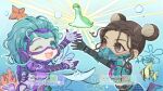  2girls angelfish animification apex_legends black_gloves black_hair brown_eyes brown_hair bubble cable chinese_commentary colored_eyelashes coral double_bun gloves hair_behind_ear hair_bun highres horizon_(apex_legends) lifeline_(apex_legends) manta_ray multiple_girls my_wave_lifeline nessie_(respawn) official_alternate_costume one_eye_closed open_hands outstretched_arms overfloater_horizon oxygen_tank purple_gloves sanshimar scale_print smile starfish underwater watermark 