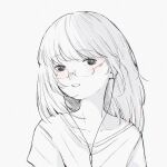  1girl blush collarbone commentary earphones earphones grey_background head_tilt highres light_smile looking_at_viewer medium_hair monochrome original parted_lips portrait shengdiyu shirt solo spot_color symbol-only_commentary t-shirt 