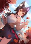  absurdres animal_ears autumn_leaves bare_shoulders black_skirt blue_sky blush braid hair_between_eyes highres hololive jacket leaf low_ponytail maple_leaf off_shoulder ookami_mio open_mouth outdoors redhead rei_toba side_braid side_ponytail skirt sky smile tail virtual_youtuber white_hair wolf_ears wolf_girl wolf_tail yellow_eyes 