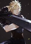  1boy aqua_eyes armor bandaged_arm bandages bangs belt black_background black_gloves blonde_hair blue_pants blue_shirt boooshow buster_sword cloud_strife cowboy_shot embers fighting_stance final_fantasy final_fantasy_vii final_fantasy_vii_remake gloves highres holding holding_sword holding_weapon looking_to_the_side male_focus materia multiple_belts muscular muscular_male pants parted_lips shirt short_hair shoulder_armor sleeveless sleeveless_turtleneck solo spiky_hair suspenders sword turtleneck weapon 