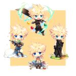  1boy aged_down aqua_eyes armor baggy_pants black_footwear black_gloves black_pants black_shirt blonde_hair blue_eyes blue_pants blue_shirt blush book boots border brown_footwear brown_gloves buster_sword character_name chibi cloud_strife crisis_core_final_fantasy_vii crossed_arms fighting_stance final_fantasy final_fantasy_vii final_fantasy_vii_advent_children final_fantasy_vii_remake flower full_body gloves green_scarf gun hair_between_eyes high_collar highres holding holding_flower holding_gun holding_sword holding_weapon lily_(flower) low_ponytail male_focus materia multiple_views open_mouth pants scarf shi3ashi3a shirt short_hair short_hair_with_long_locks shoulder_armor sitting sleeveless sleeveless_shirt sleeveless_turtleneck sleeves_rolled_up smile snow spiky_hair standing sword thigh_strap turtleneck variations waist_cape weapon wooden_floor yellow_background yellow_flower 