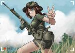  1girl battle_rifle blue_eyes brown_hair camouflage camouflage_headwear canteen chest_rig clouds cloudy_sky fn_fal freckles grass gun highres holding holding_weapon mardjan original recording rifle short_hair short_shorts shorts sky smile solo tree v weapon 