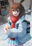  1girl :d absurdres amiya_(arknights) animal_ears arknights atm backpack bag blue_eyes blue_jacket blue_skirt bottle brown_hair chinese_commentary commentary_request day food footprints fringe_trim highres holding holding_food jacket long_sleeves looking_at_viewer mittens open_clothes open_jacket outdoors pleated_skirt puffy_long_sleeves puffy_sleeves rabbit_ears red_scarf scarf siyu_csy skirt sleeves_past_wrists smile snow solo standing sweet_potato white_mittens yakiimo 