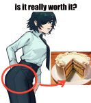  1girl ass bangs black_hair black_necktie breasts cake chainsaw_man collared_shirt eyepatch food hair_over_one_eye highres himeno_(chainsaw_man) huge_ass is_it_really_worth_it_?_(meme) large_breasts leaning_forward liowig looking_at_viewer meme necktie red_arrow_and_circle_(meme) shirt shirt_tucked_in short_hair simple_background solo white_background white_shirt 