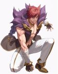  1boy abs animal_ears bandaged_arm bandages bangs black_jacket braid clenched_hand closed_mouth collarbone commentary_request fur-trimmed_jacket fur_trim gold_trim highres jacket league_of_legends male_focus mouth_hold muscular muscular_male navel one_knee open_clothes open_jacket pants red_eyes redhead roring_(loling) scar scar_on_face scar_on_nose sett_(league_of_legends) shiny shiny_hair short_hair simple_background smile white_background white_pants 