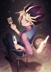  1boy black_footwear black_hair black_pants bliss_(ferment_factory) blonde_hair blue_vest card commentary crossed_legs cup dark_magician duel_monster english_commentary from_behind highres holding holding_card holding_cup indoors kuriboh long_hair long_sleeves male_focus multicolored_hair mutou_yuugi pants pink_shirt redhead shirt sitting solo spiky_hair vest violet_eyes yu-gi-oh! 