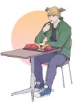  1boy black_shirt blonde_hair blue_footwear chair contemporary denim eating food french_fries full_body green_eyes green_jacket head_wings jacket jeans kabeuchimain male_focus mcdonald&#039;s pants shirt shoes sitting sneakers solo table xenoblade_chronicles_(series) xenoblade_chronicles_3 zeon_(xenoblade) 