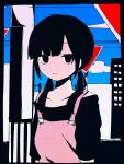  1girl asahina_hiyori asymmetrical_bangs bangs black_eyes black_hair black_shirt blue_sky blunt_bangs building cable clouds cloudy_sky collarbone empty_eyes expressionless highres iyowa_(igusuri_please) kagerou_project looking_at_viewer low_twintails off-shoulder_shirt off_shoulder puffy_short_sleeves puffy_sleeves raised_eyebrows road_sign shirt short_sleeves sidelocks sign sky skyscraper solo suspenders suspenders_slip twintails upper_body utility_pole 