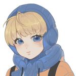  1girl animification apex_legends bangs blonde_hair blue_bodysuit blue_eyes blue_headwear blush bodysuit chencucucucu chinese_commentary eyebrows_hidden_by_hair highres hood hood_down hooded_jacket jacket looking_at_viewer orange_jacket portrait ribbed_sweater scar scar_on_cheek scar_on_face simple_background smile solo sweater wattson_(apex_legends) white_background 
