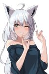  1girl absurdres ahoge animal_ear_fluff animal_ears bangs bare_shoulders blush braid commentary_request double_fox_shadow_puppet fox_ears fox_girl fox_shadow_puppet green_eyes green_shirt grin hair_between_eyes highres hololive long_hair looking_at_viewer nishiki_yuno off-shoulder_shirt off_shoulder one_eye_closed shirakami_fubuki shirt sidelocks simple_background single_braid smile solo virtual_youtuber white_background white_hair 