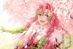  1girl braid cherry_blossoms falling_petals floral_print gradient_hair green_eyes green_hair hair_between_eyes hand_to_own_face highres japanese_clothes kanroji_mitsuri kimetsu_no_yaiba kimono looking_at_viewer mole mole_under_eye multicolored_hair multiple_braids open_mouth outdoors petals pink_hair pink_kimono print_kimono smile solo teeth twilightend upper_body upper_teeth 