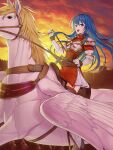  1girl :d absurdres armor blue_eyes blue_hair boots breastplate caeda_(fire_emblem) clouds cloudy_sky commission dress fire_emblem fire_emblem:_mystery_of_the_emblem highres holding holding_reins horseback_riding long_hair looking_at_viewer open_mouth pauldrons pegasus pegasus_knight_uniform_(fire_emblem) red_dress reins riding saddle short_dress shoulder_armor skeb_commission sky smile solo souto_(0401) thigh_boots twilight white_footwear zettai_ryouiki 
