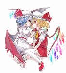  2girls ascot blonde_hair blue_hair blush closed_mouth collared_shirt commentary crystal demon_wings flandre_scarlet full_body hair_between_eyes hands_on_another&#039;s_cheeks hands_on_another&#039;s_face hat hat_ribbon looking_at_another mary_janes mob_cap multiple_girls osakanadream pointy_ears puffy_short_sleeves puffy_sleeves red_eyes red_footwear red_ribbon red_skirt red_vest remilia_scarlet ribbon shirt shoes short_hair short_sleeves siblings simple_background sisters sitting skirt skirt_set smile socks thigh-highs touhou vest white_background white_headwear white_shirt white_skirt white_socks white_thighhighs wings wrist_cuffs yellow_ascot 
