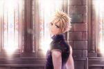  1boy armor blonde_hair blue_eyes brick church cloud_strife final_fantasy final_fantasy_vii final_fantasy_vii_remake hair_between_eyes indoors lens_flare looking_back male_focus short_hair shoulder_armor single_bare_shoulder sleeveless sleeveless_turtleneck solo spiky_hair stained_glass suspenders turtleneck twilightend upper_body 