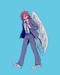  1boy angel angel_devil_(chainsaw_man) angel_wings blue_background chainsaw_man feathered_wings food formal hair_between_eyes halo hey_vickiii highres holding holding_ice_cream ice_cream light_blue_background long_hair looking_at_food orange_eyes orange_hair simple_background solo suit white_footwear white_wings wings 