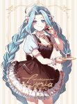  1girl ahoge apron bangs black_apron blue_dress blue_eyes blue_hair bow braid breasts character_name choker cowboy_shot dress eating food food_on_face frilled_apron frilled_dress frills full_mouth granblue_fantasy hair_bow holding holding_plate jewelry long_hair looking_at_viewer lyria_(granblue_fantasy) medium_breasts necklace parted_bangs patterned_background plate puffy_short_sleeves puffy_sleeves satuko8 short_sleeves solo twin_braids twintails white_choker wrist_cuffs 