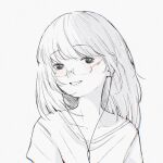  1girl blush collarbone commentary earphones earphones grey_background head_tilt highres looking_at_viewer medium_hair monochrome original parted_lips portrait shengdiyu shirt smile solo spot_color symbol-only_commentary t-shirt 
