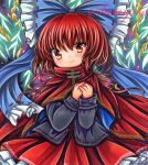  1girl bangs black_shirt blue_bow bow cape closed_mouth cowboy_shot embellished_costume frilled_bow frills hair_bow long_sleeves looking_at_viewer marker_(medium) medium_hair own_hands_together red_cape red_eyes red_ribbon red_skirt redhead ribbon rui_(sugar3) sample_watermark sekibanki shirt skirt smile solo standing touhou traditional_media 