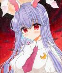  1girl animal_ears crescent expressionless light_particles long_hair looking_at_viewer necktie night rabbit_ears red_background red_eyes red_necktie reisen_udongein_inaba sample_watermark shikishi sky solo touhou traditional_media upper_body zenra1112 