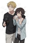  2boys ar_(rikuesuto) black_shirt blonde_hair blue_eyes blue_jacket brown_hair character_request copyright_request cup glass grey_pants hair_between_eyes holding holding_cup hood jacket male_focus multiple_boys open_mouth orange_eyes pants shirt white_shirt 