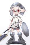  1girl armored_boots black_shorts boots closed_mouth commentary_request eyebrow_cut goggles goggles_on_head gradient gradient_background grey_background grey_hair highres holding inkling looking_at_viewer red_eyes shadow shirt short_shorts shorts solo splatoon_(series) splatoon_3 standing tentacles thick_eyebrows toki_(yoyobozi) trashcan_lid white_background white_shirt 