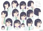  1girl :t artist_request bangs black_hair blunt_bangs blunt_ends character_name check_artist collared_shirt copyright do_it_yourself!! frown green_necktie looking_at_viewer matsuo_yuusuke multiple_views necktie official_art pout red_eyes reference_sheet shirt short_hair simple_background smile straight_hair suride_miku sweatdrop upper_body white_background white_shirt 