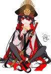  1girl bangs baozi black_hair black_necktie black_pantyhose commentary_request eating fate/grand_order fate_(series) food full_body hat hi_(wshw5728) indian_style jacket katana long_hair long_sleeves looking_at_viewer nail_polish necktie oda_nobunaga_(fate) oda_uri pantyhose peaked_cap pink_nails red_eyes red_footwear red_scarf red_skirt scarf shoes simple_background sitting skirt sneakers solo sweater_vest sword very_long_hair weapon white_background 